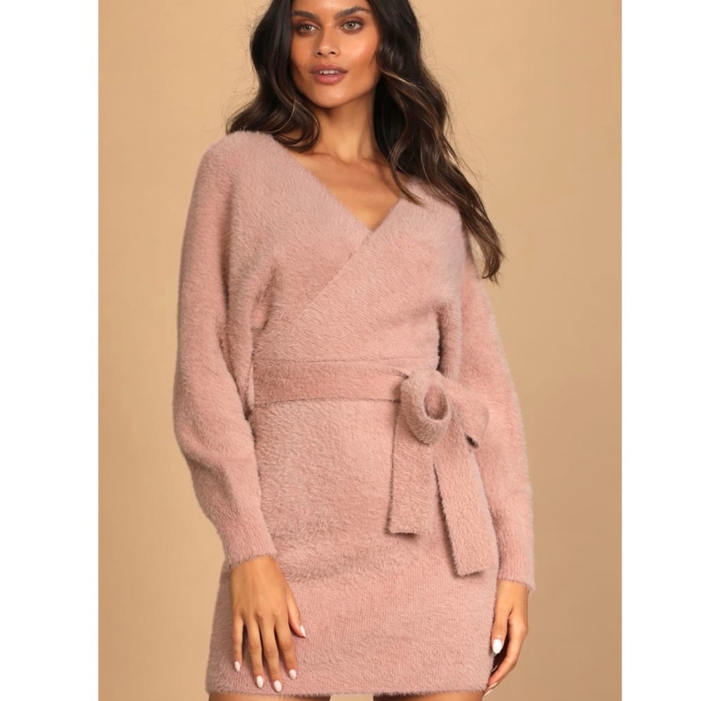 Lulus Pink Fuzzy Sweater Dress